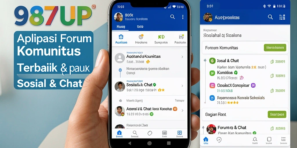 Tampilan antarmuka aplikasi 987UP dengan fitur Forum Komunitas.