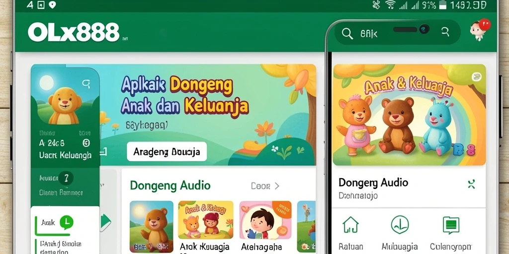 Tampilan antarmuka aplikasi OLX888 dengan fitur audio dongeng yang menarik.